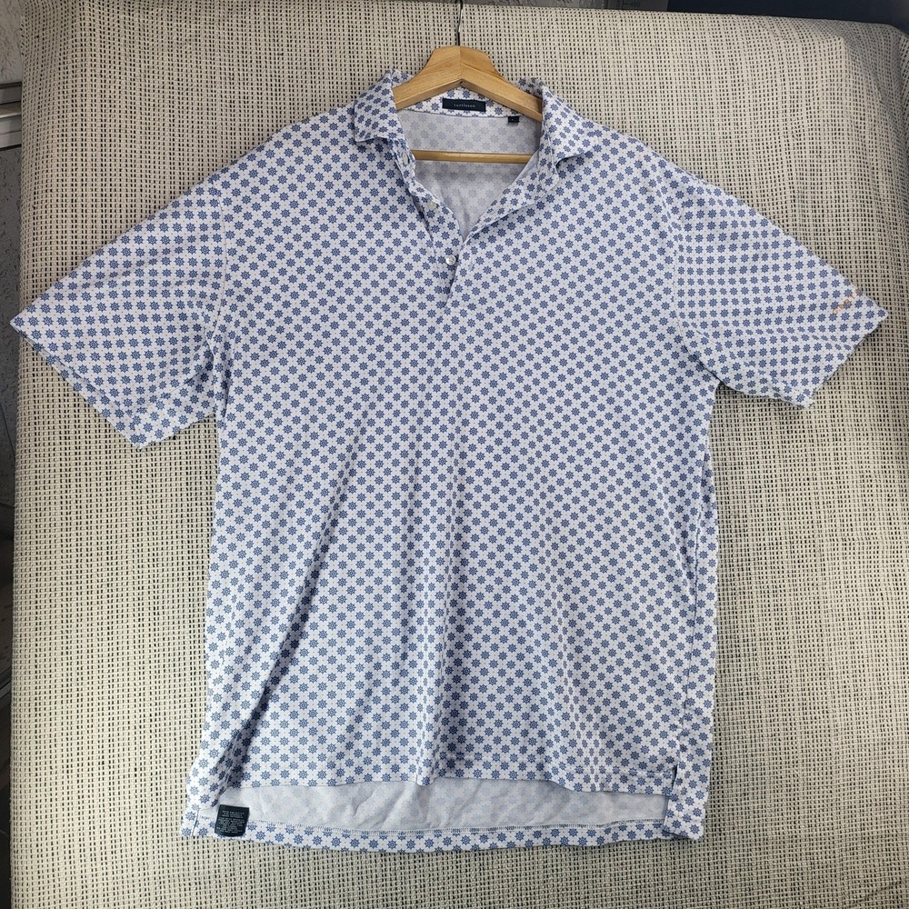 Turtleson Polo Shirt Mens Large Blue White Nautical Ship Wheel‎ Print Golf Tech
